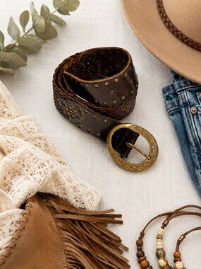 Vintage Genuine Leather Braided Studded Belt Brown Brass Buckle Made in India